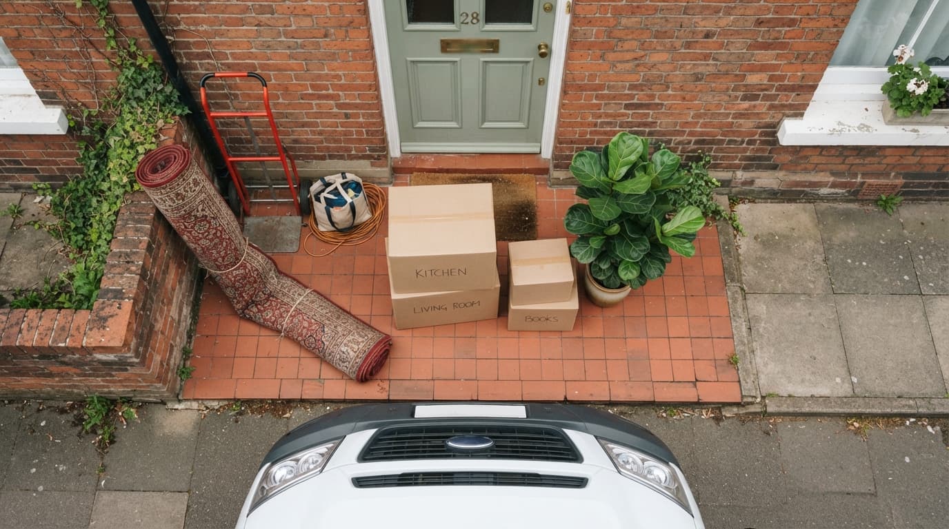 Man and van in St Helens, moving boxes and a hand truck on a terraced house doorstep